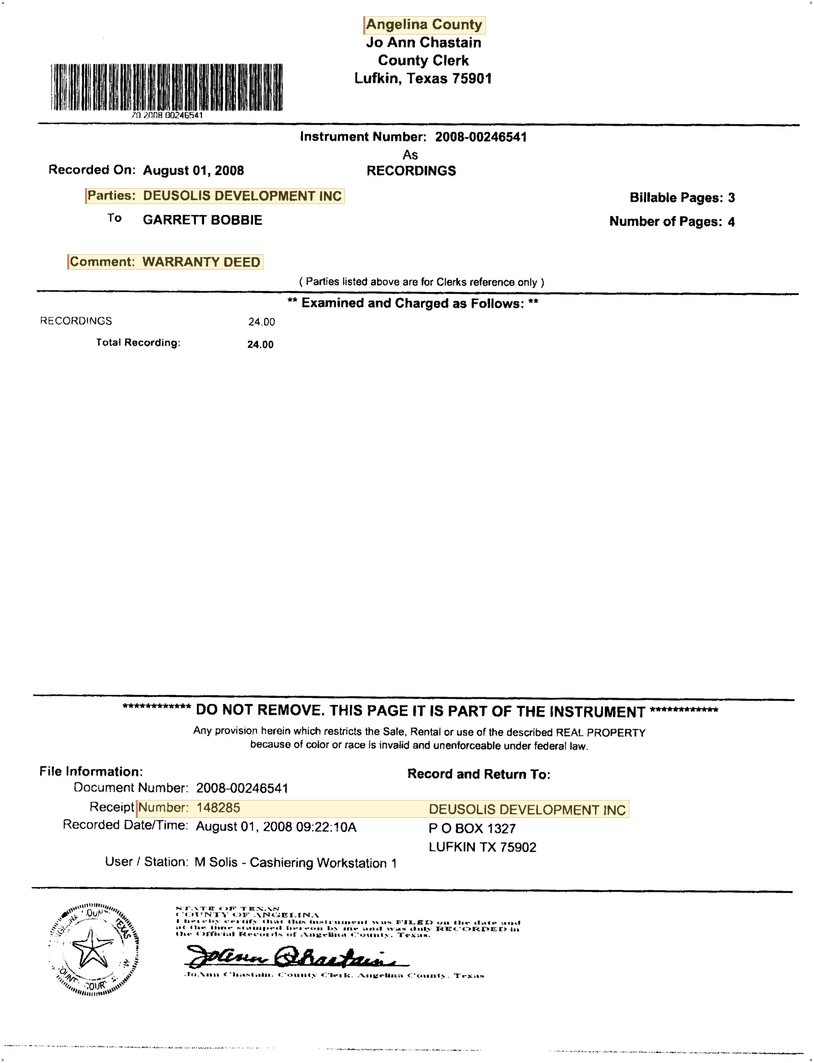 Deusolis Development, Inc. Recorded Warranty Deed (Angelina County)